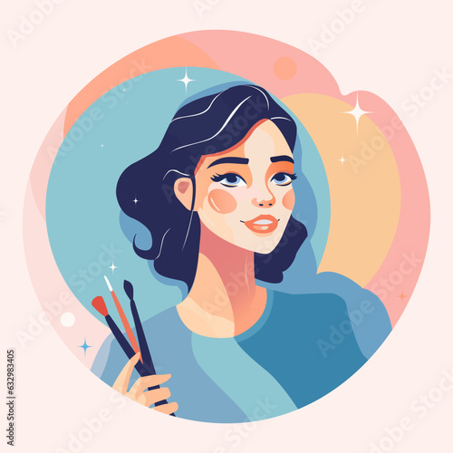Vector illustration of harming young girl holding makeup brushes in her hand. Woman doing makeup concept art. Fashion and beauty industry. For logo, poster, highlights, banner.