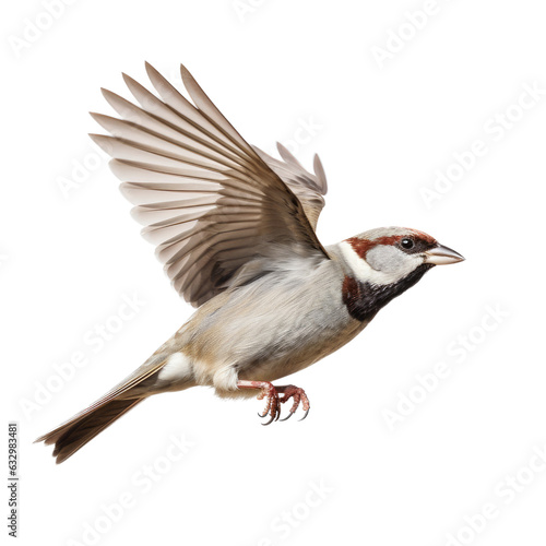 a House Sparrow in-flight in a Nature-themed, photorealistic illustration in a PNG format, cutout, and isolated. Generative AI © Purple Penguin GFX