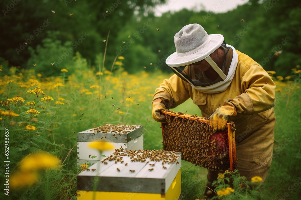 Beekeeper in protective suit working on bee hive with honey bees. Generative AI Beekeeper in protective suit working on bee hive with honey bees. Generative AI