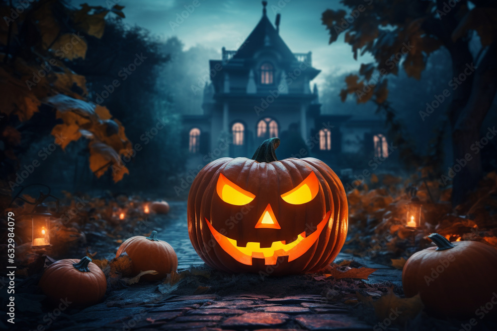 Halloween pumpkin jack-o-lantern glowing in the night in front of haunted house. Generative AI Halloween pumpkin jack-o-lantern glowing in the night in front of haunted house. Generative AI