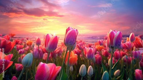 Colorful Tulip flower against the sunset sky