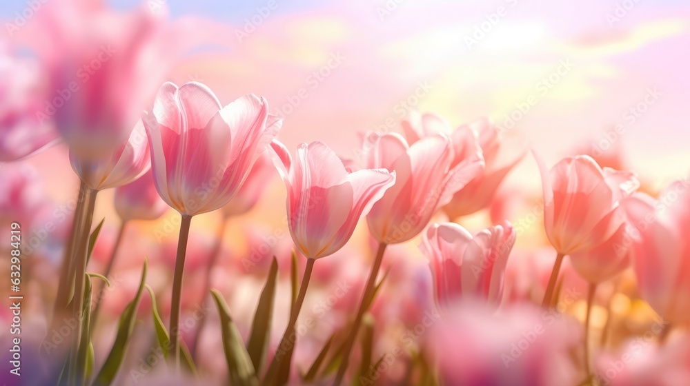 Pink Tulips flower against the sunset sky