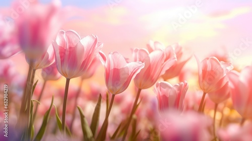 Pink Tulips flower against the sunset sky