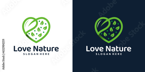 Love nature logo design template. Heart logo with leaf design graphic vector illustration. Symbol, icon, creative.