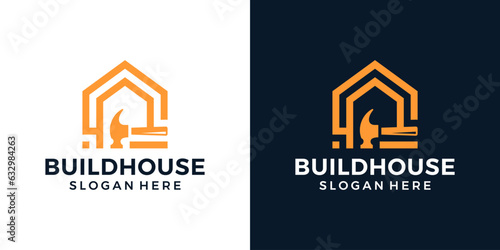 House Repairs logo design template. Hammer logo with home building graphic design vector illustration. House renovation symbol, icon, creative.	