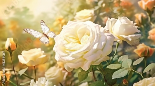 White rose flowers and fly butterfly ; Beautiful Countryside landscape
