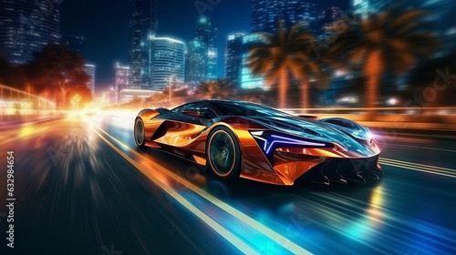 Illustration of a car driving down a city street at night