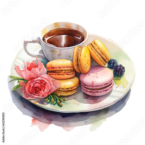 Tea with macarons blackberry and rose watercolor painting ilustration