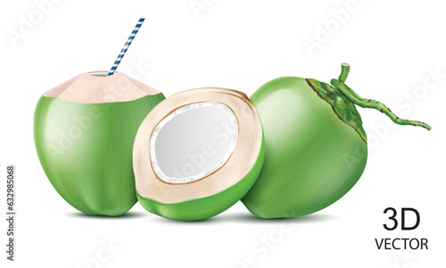 vector illustration fresh green coconuts and half of green coconuts isolated on the white background.use for tasty green coconut drink concept.