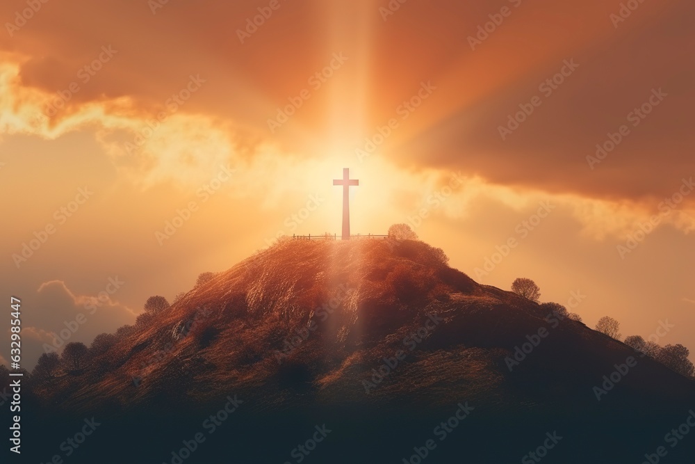 The cross of God in the rays of the sun. Cross on the hill. Religious concept. 