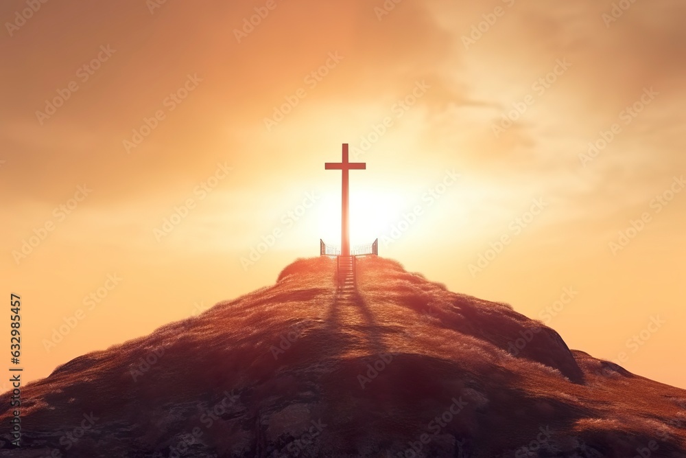 The cross of God in the rays of the sun. Cross on the hill. Religious concept. 