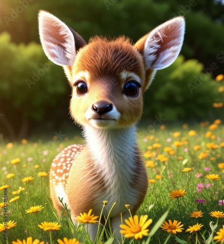 A cute little baby deer, beautiful flowers in a meadow 2