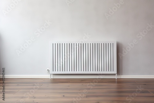 A metal radiator used for heating purposes, specifically a white one, is located in a contemporary apartment with a wooden floor.