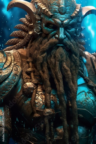 The gods of the sea Zeus god Necronomicon gods of the sea god, futuristic, sci-fi elements, dark bronze and light azure, close up,  photo