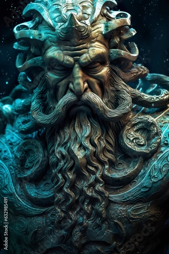The gods of the sea Zeus god Necronomicon gods of the sea god, futuristic, sci-fi elements, dark bronze and light azure, close up, 