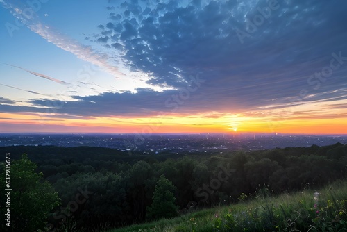 色彩豊かな夕日の風景、海、山、自然、雲