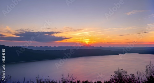 色彩豊かな夕日の風景、海、山、自然、雲