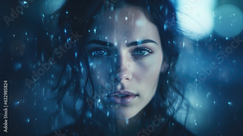 Dramatic bold closeup portrait of metahuman female in perfect synergy with artificial intelligence, cybernetic glamour, piercing eyes, dark midnight blue bokeh blur, light streaks - generative AI photo
