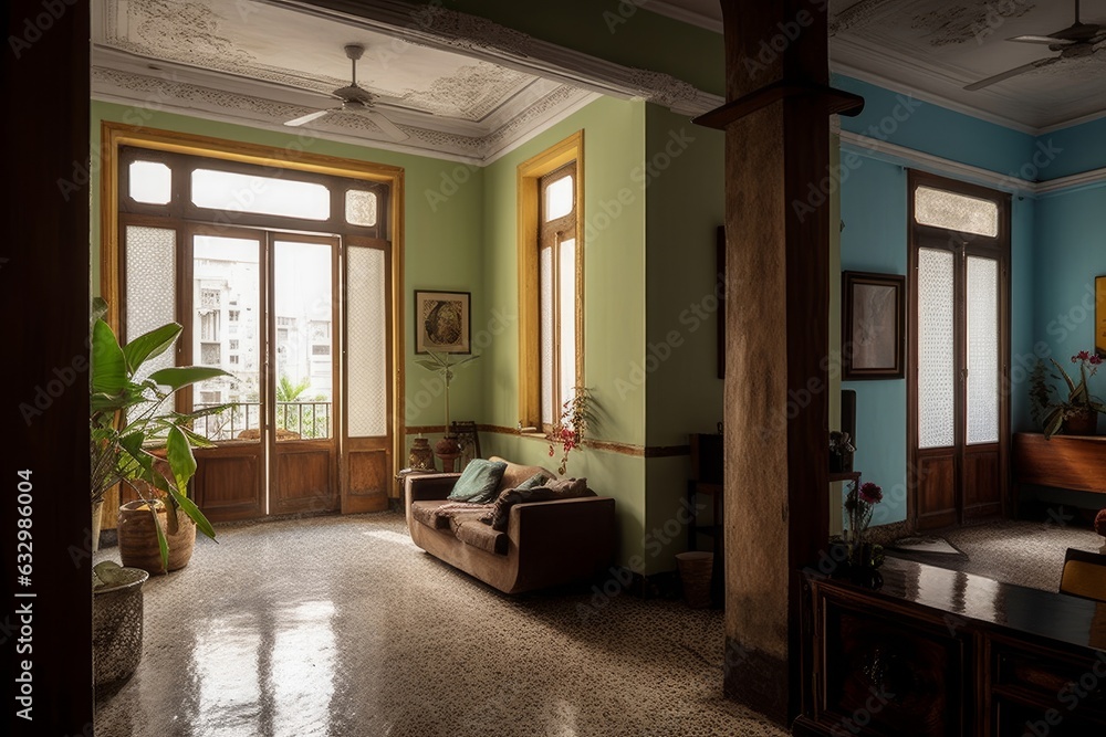 Concept art illustration of colonial style Cuban apartment interior design in Havana, Generative AI