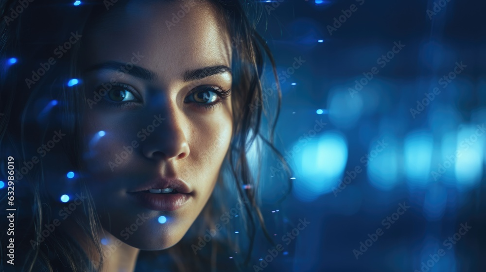 Dramatic bold closeup portrait of metahuman female in perfect synergy with artificial intelligence, cybernetic glamour, piercing eyes, dark midnight blue bokeh blur, light streaks - generative AI