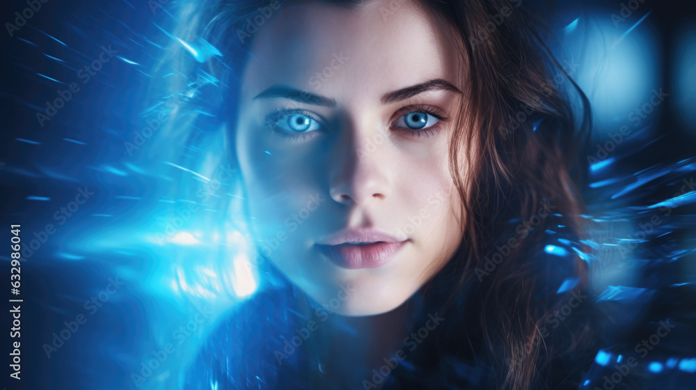 Dramatic bold closeup portrait of metahuman female in perfect synergy with artificial intelligence, cybernetic glamour, piercing eyes, dark midnight blue bokeh blur, light streaks - generative AI Dramatic bold closeup portrait of metahuman female in perfect synergy with artificial intelligence, cybernetic glamour, piercing eyes, dark midnight blue bokeh blur, light streaks - generative AI