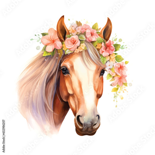  A horse with a crown of flowers on its head watercolor painting