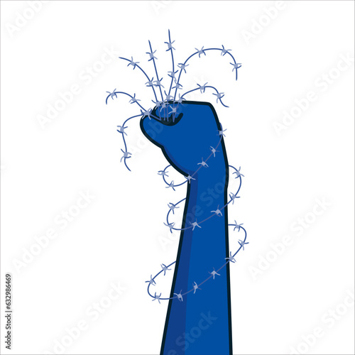 World refugee day illustration. Hand holding barbed wire. Sharp thorns of barbwire barrier zone. International immigration and freedom concept. Vector illustration.
