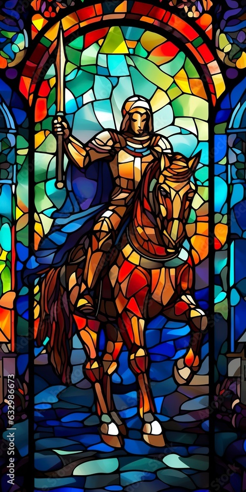 A Knight in Shining Armor. An Illustration of a Mythical Ancient Paladin in Stained Glass Renaissance Fresco Style. A Knight in Shining Armor. An Illustration of a Mythical Ancient Paladin in Stained Glass Renaissance Fresco Style.