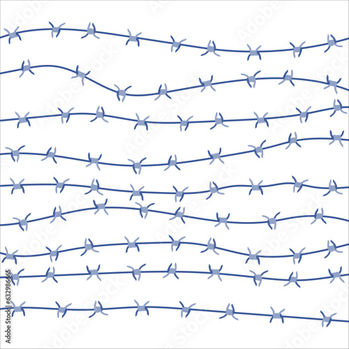 Barbed wire fence border background illustration. Sharp thorns of barbwire barrier zone. Protection and security concept. Vector illustration.