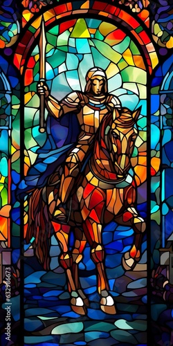 A Knight in Shining Armor. An Illustration of a Mythical Ancient Paladin in Stained Glass Renaissance Fresco Style. 
