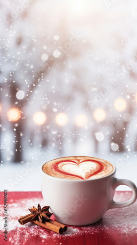  Hot chocolate in white cup with blur snow background photo