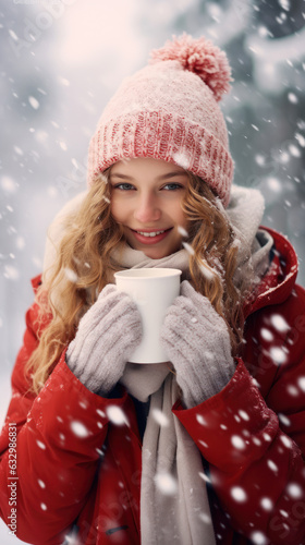 Girl with hot chocolate in white cup with blur snow background photo