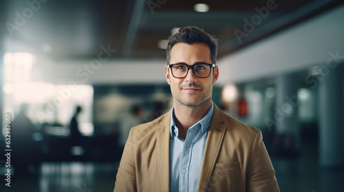 A teacher in glasses stands near the blur classroom