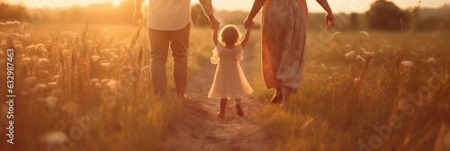  Happy family mother father and daughter walk on nature on sunset hold hand.