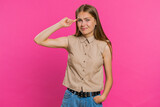 You are crazy, out of mind. Displeased woman pointing at camera, show stupid gesture finger near head, blaming some idiot for dumb insane plan idea, senseless talk. Girl isolated on pink background