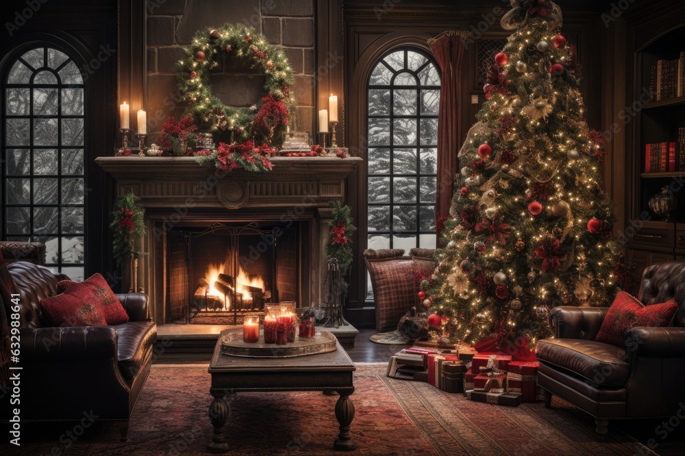 Craft holiday magic Christmas tree, fireplace, presents and heartwarming scene Craft holiday magic Christmas tree, fireplace, presents and heartwarming scene