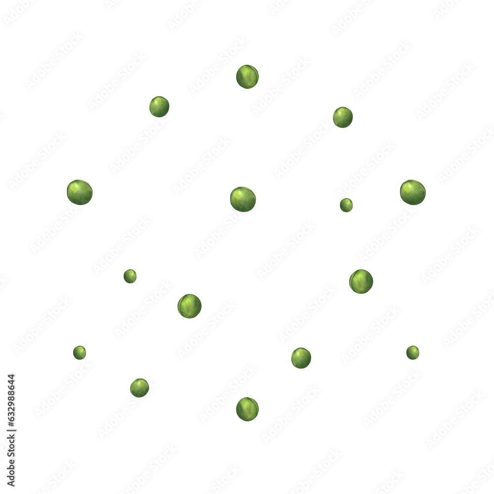 A set of watercolor illustrations of green peas of different sizes isolated on a white background.Suitable for decoration of kitchen textiles, packaging paper, paper wallpaper, tableware, accessories A set of watercolor illustrations of green peas of different sizes isolated on a white background.Suitable for decoration of kitchen textiles, packaging paper, paper wallpaper, tableware, accessories