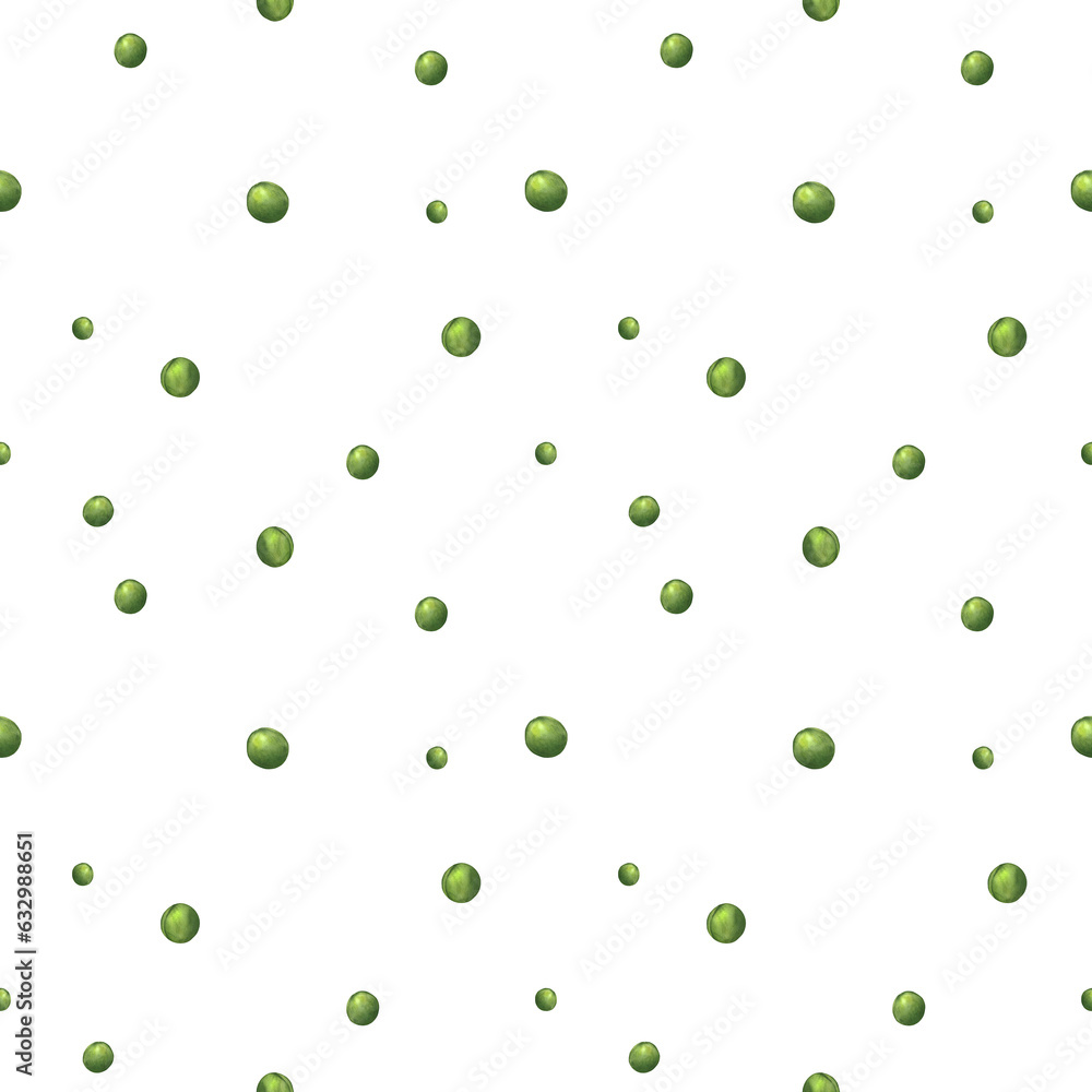 Seamless pattern of green peas on a white background. Watercolor illustration. Suitable for the design of kitchen textiles, packaging paper, paper wallpaper, tableware, kitchen accessories