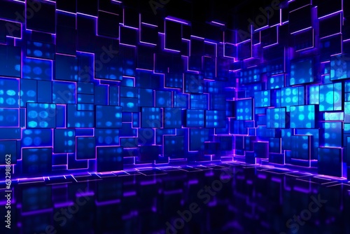 blue and purple lighted panels on a wall.