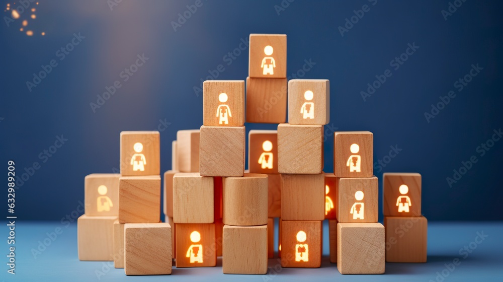 Fototapeta premium Many wooden cubes with people symbols and one with a lightbulb symbol on blue background. 