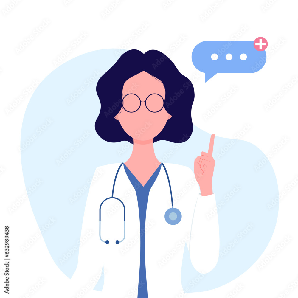 Doctor therapist or pharmacist shows an idea with a finger or warns. Doctor with glasses. Concept - doctor, healthcare. Vector illustration in flat cartoon style. Doctor therapist or pharmacist shows an idea with a finger or warns. Doctor with glasses. Concept - doctor, healthcare. Vector illustration in flat cartoon style.