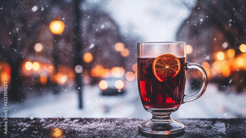 Generative AI, a glass glass with hot mulled wine on the background of a snowy European city, a Christmas drink, a New Year's city, a festive atmosphere