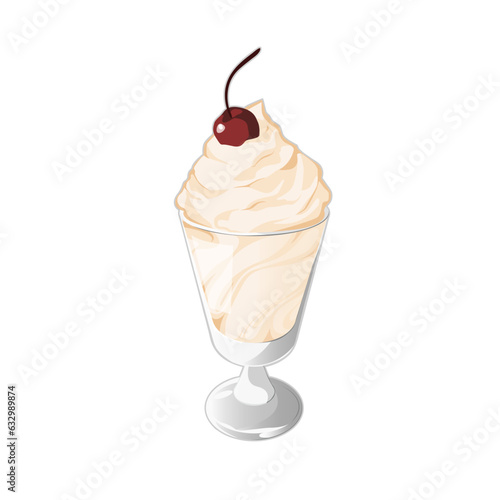 Cute glass cup with ice cream with cherry for summer cafe menu, vector cartoon eps 10 isolated on white