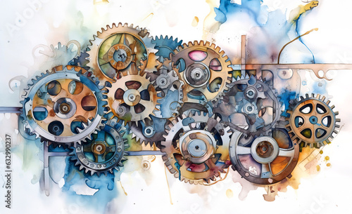 Watercolor illustration of vintage gears with colorful splashes of watercolor paint photo