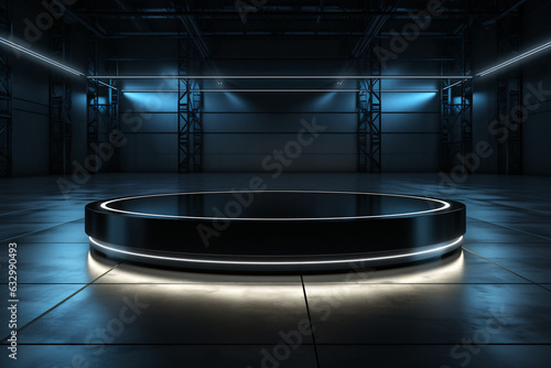 A blank exhibition space with a black empty platform, showcasing modern design and aesthetics, inviting creative presentations in a sleek, immersive atmosphere.