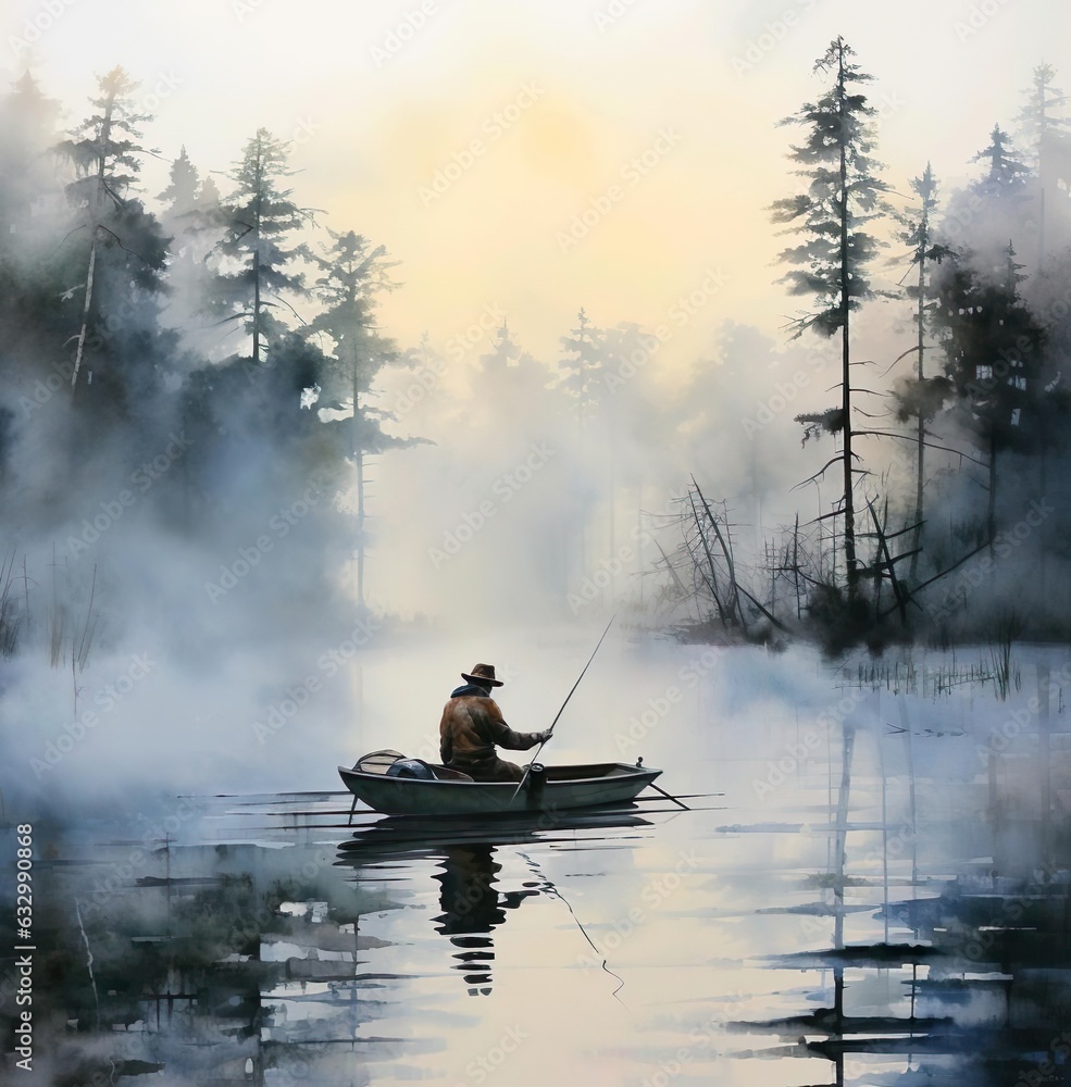 A man in a boat is fishing in the fog