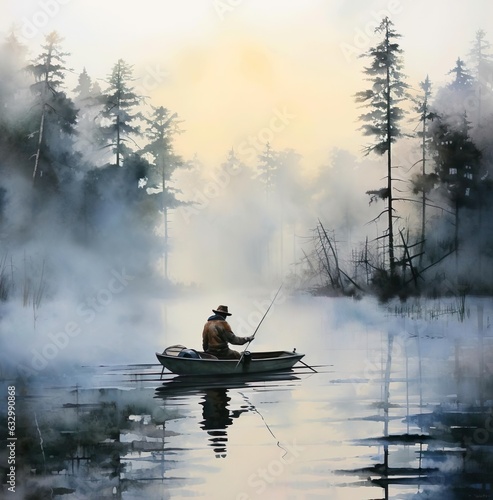 A man in a boat is fishing in the fog © Adi