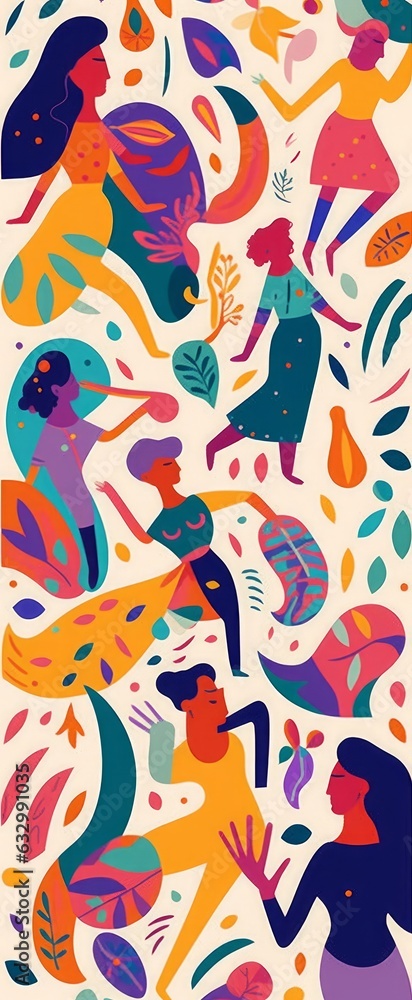 Colorful trendy pattern with abstract stylish individual design elements. Dancing people. Design for holidays Birthday, New Year, Brazil Carnival or, Generative AI