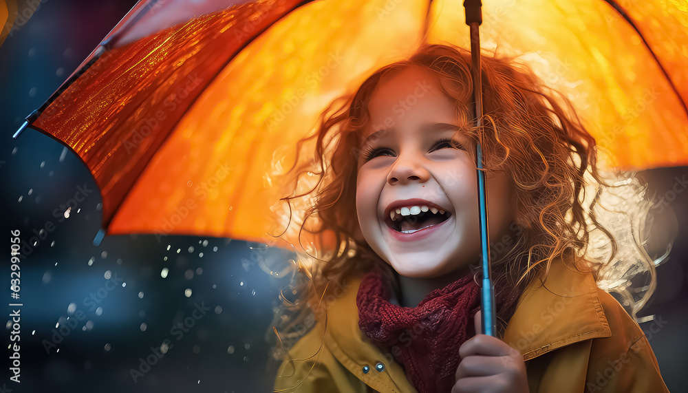 positive girl smiling wearing raincoat jacket with a hood enjoying the rain with umbrella outdoors - obrazy, fototapety, plakaty 