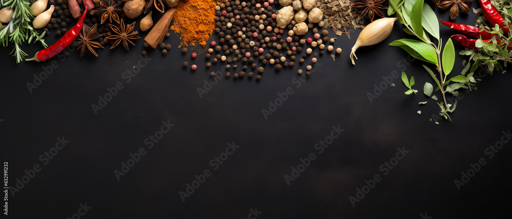 Top View Wide Variety Spices and Herbs on Background of Black Table - obrazy, fototapety, plakaty 